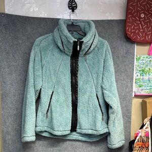 I5 fleece faux leather hooded zip up  Cozy teddy bear  Jacket - Teal and blk NWT
